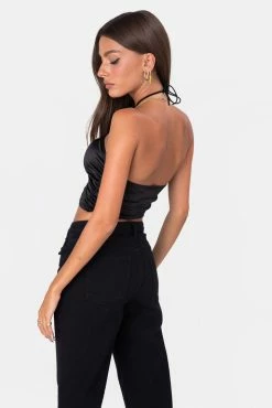 Adika Gin Satin-Finish Ruched Halter Top Clothing