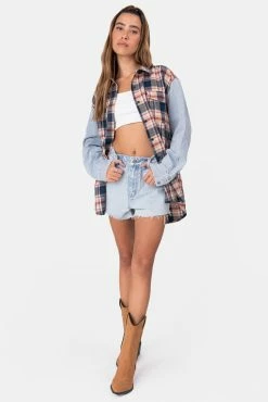 Adika Brassline Denim-Sleeve Plaid Shirt