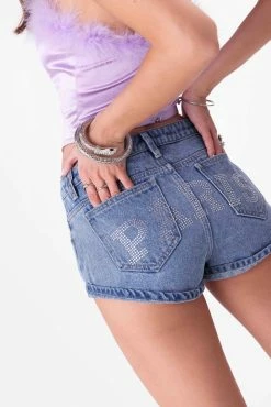 Adika PARIS Rhinestone-Typographic Denim Shorts