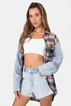 Adika Brassline Denim-Sleeve Plaid Shirt