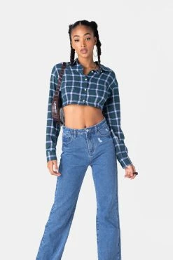 Adika Caroline Cropped Plaid Flannel Shirt OUTLET