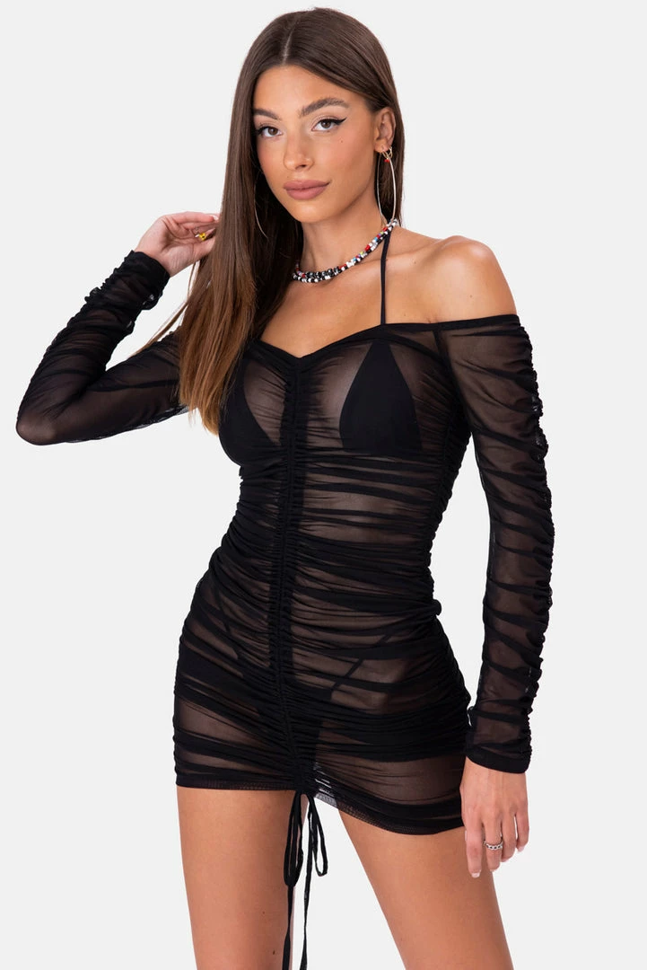Promo 🤩 Adika Puerto Ruched Sheer Mini 👗 Dress 😍 2 Adika Puerto Ruched Sheer Mini Dress