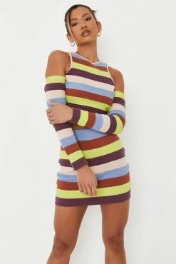 Adika MISSGUIDED // Striped Cold-Shoulder Ribbed Top Tops