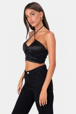 Adika Gin Satin-Finish Ruched Halter Top Clothing